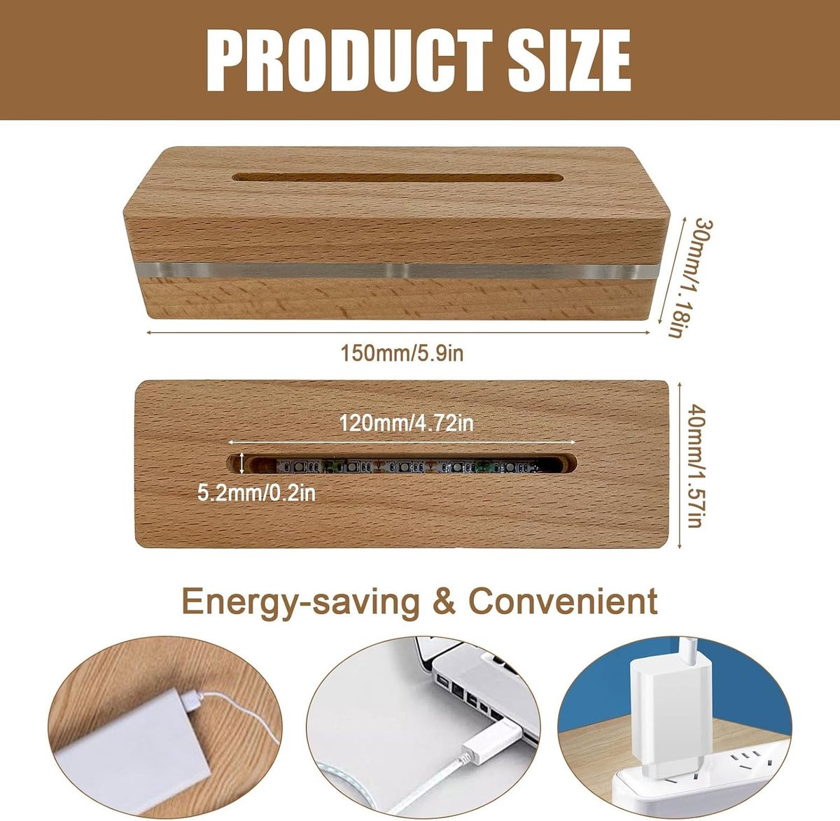 ShopVlot Set van 2 LED Verlichte Display Bases, Rechthoekige Houten Displaystand voor 5mm Acryl, 15 cm