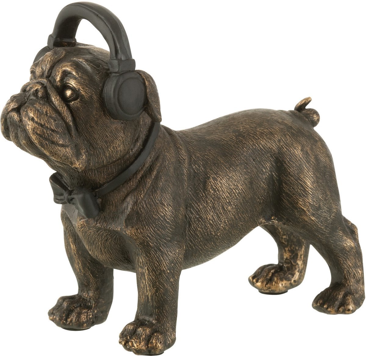 J-Line Decoratie Bulldog met Koptelefoon - Donkerbruin - Polyresin