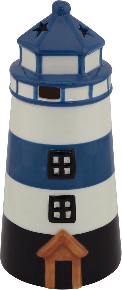 Blauwe Keramische Vuurtoren Theelichthouder voor Maritieme Decoratie, Hoogte: 24 cm