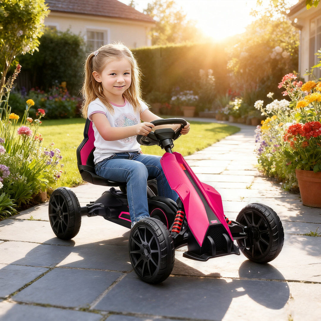 Zoomie Kids Berrilee Zoomie Pedal Go Kart Kids Ride On Race Car Adjustable Seat Handbrake Pink 1