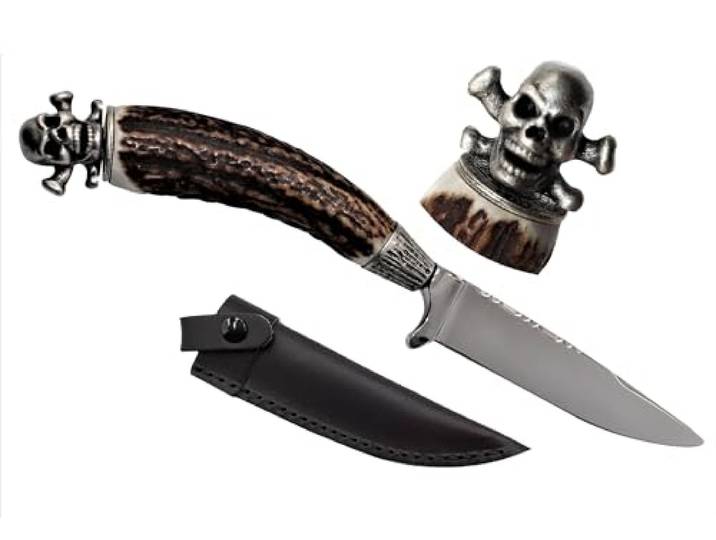 Messer Jagdmesser Skull Totenkopf echt versilbert Hirschhorn Trachtenmesser Jagd Hirschfänger Wild Bock Jagdnicker für Lederhose Biker Jäger Jagd Stahl-Klinge Hirsch, Farbe:Skull Bones