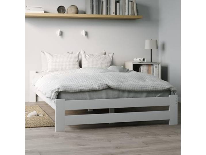 Holzbett 140x200 cm mit Lattenrost Modern Bett Bed Kiefer Massiv Bettgestell Doppelbett Massivholzbett Klassisch Komfortabel & Langlebig Skandinavisch Boho Landhaus Kopfteil flach weiß