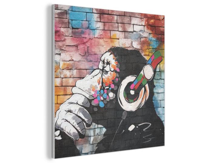 MuchoWow Akustikbild Affe - Graffiti - Musik Akustikpaneele 80x80 cm, Mehrfarbig, Kunststoff, Quadratisch, 80x80x0.9 cm, Tapeten & Wandverkleidungen, Akustikpaneele