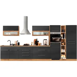 Küchenzeile KOCHSTATION "KS-Wien", schwarz (küche: grau, front: anthrazit, korpus: wotaneichefarben, arbeitsplatte: wotaneichefarben), B:430cm T:60cm, Komplettküchen-Sets, Küchenzeile, Breite 430 cm, wahlweise mit E-Geräten und Induktion
