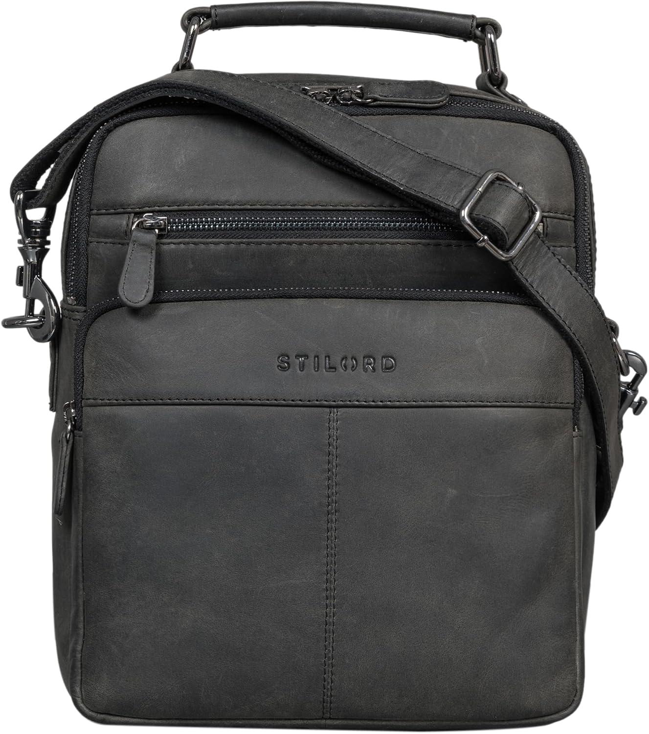 Hier ist eine Schultertasche aus echtem Rindleder in Anthrazitgrau mit verstellbarem Schulterriemen und mehreren Fächern