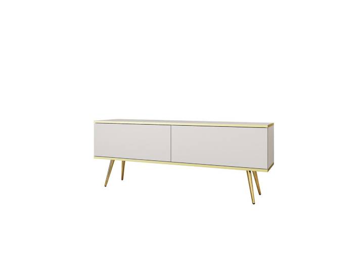 Komodee Lowboard TV Banff Rtv5-2D Goldene Metallbeine, Weiß, 135x53x32 cm, Wohnzimmer, TV Möbel, Lowboards, Lowboards stehend