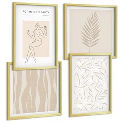 BILDER SET 4er Set - 50x50 cm & 40x60 cm Goldrahmen - Minimalistische Pflanzenmotive