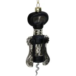 Christbaumschmuck Glas 14cm Korkenzieher Figur Handbemalt & mit Glitzer Weihnachtsbaum Anhänger Weihnachten Weihnachtsbaumschmuck Wein Öffner Schwarz