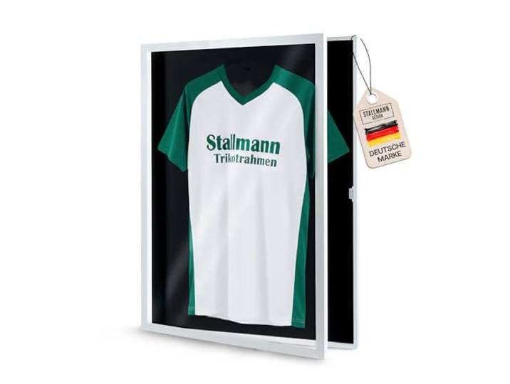 Stallmann Design Trikotrahmen 'Easy Click & Fill' mit Tür Rahmen-Farbe: Weiß Hintergrund: Schwarz Größe: 70 x 90 cm hochwertige und leicht zu befüllende Vitrine für Trikots