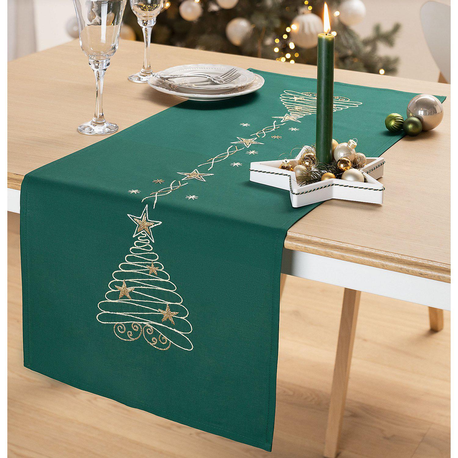 Stickläufer "Weihnachtsbaum grün/gold"