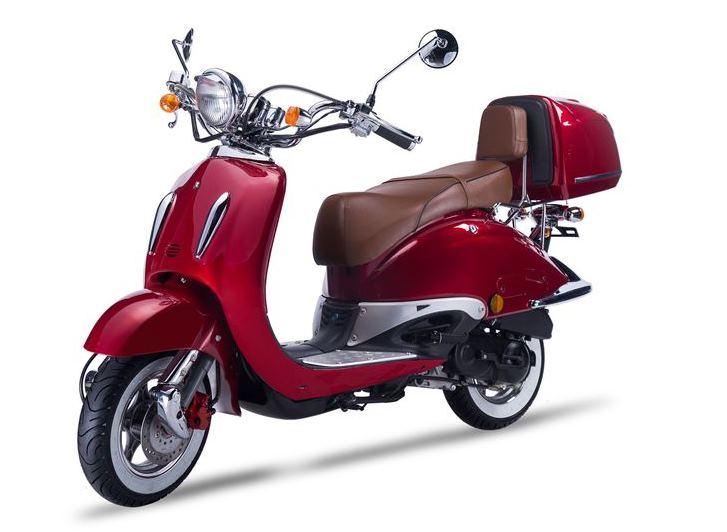 Motorroller Strada mit Top Case 50 ccm, 25 kmh, Euro 5, rot, Sitzbank braun GT Union