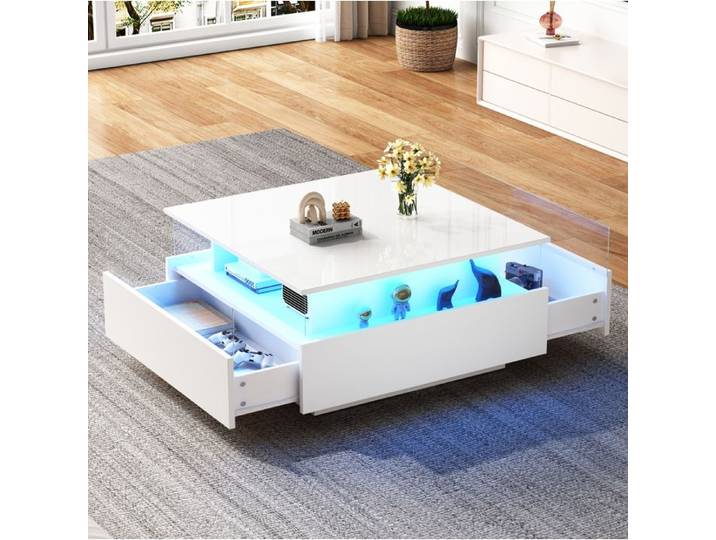 Table basse SENVIRO laquée lumineuse avec rangement discret salon 70x70x41cm blanc