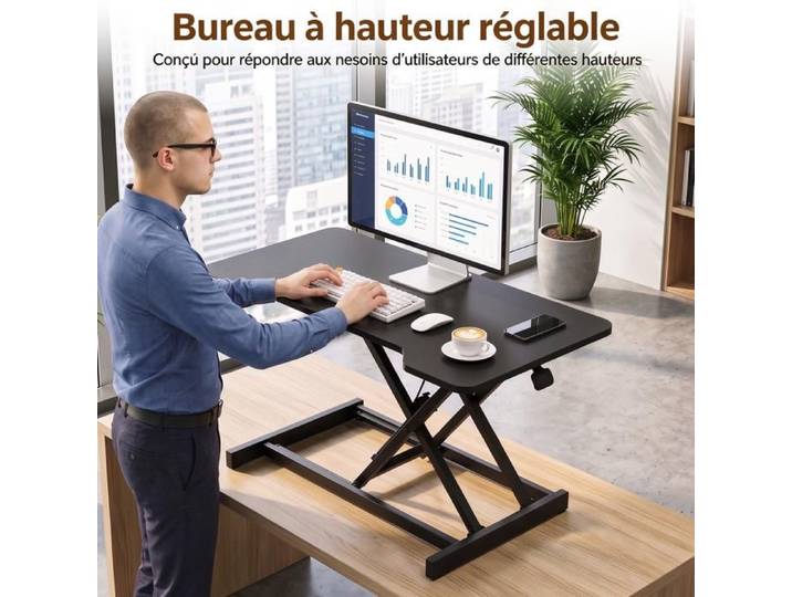 Rehausseur Table de Bureau Ergonomique Hauteur Ajustable Poste de Travail Assis-Debout pour Ordinateur Cadre Métallique Stable