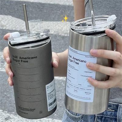Inspired Living Premium 600 Ml Stainless Steel Vacuum Bottle Portable Insulated Coffee & Water Tumbler With Straw gray 2pcs