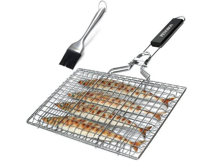 Grillkorb Edelstahl mit Backpinsel und Tasche, Silberfarben, Metall, 33x22x50 cm, Grills, Grillzubehör