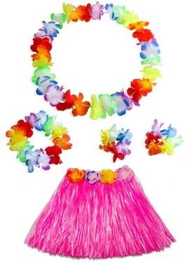 Uplift Picks Colorful Kids Hawaiian Luau Costume Set With Grass Skirt Party Accessories pink (5 Pcs)