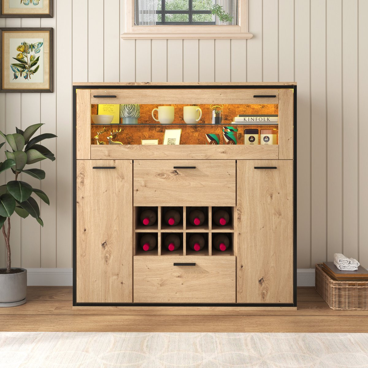 MODENUIT Wijnkast met LED, Glazen Tussenwand en Flessenrek, Naturel, B/D/H: 110 x 38 x 111 cm