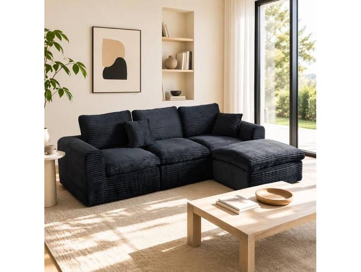 Canapé modulable d'angle 3 places convertible en couchage d'appoint corduroy noir sans outils