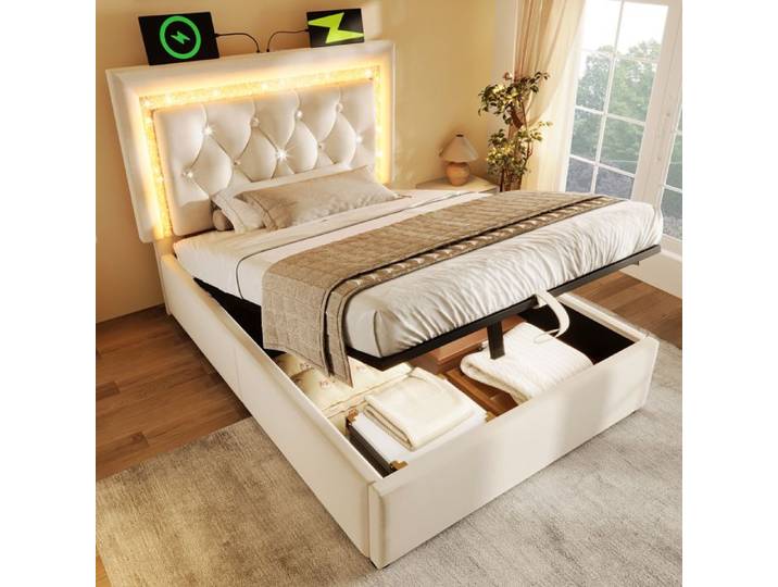 Lit coffre - MERAX - Lit coffre capitonné avec LED - 90x200 cm - Velours beige - Rangement hydraulique