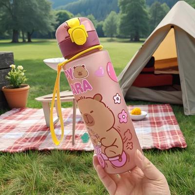 Inspire Select Cute Cartoon Capybara Water Bottle 25.36 Oz Leakproof Plastic Straw Sports Cup With Carry Strap red