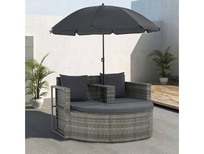 vidaXL Lit de jardin avec parasol Gris Poly rotin