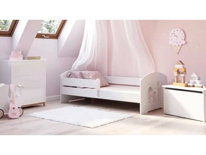 Dmora - Kinderbett Szczecin, Kinderbett für Schlafzimmer, Einzelbett mit Kommoden, Struktur mit ausziehbarem Bett, 85x164 h63 cm, Weiß mit Einhorn
