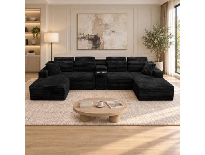 Großes U-förmiges modulares Sektionalsofa für Wohnzimmer, ohne Knochen Übergroße 6-Sitzer-Tiefe Cord-Couch mit Getränkehaltern, modernes Lounge-Sofa aus komprimiertem Memory-Schaum