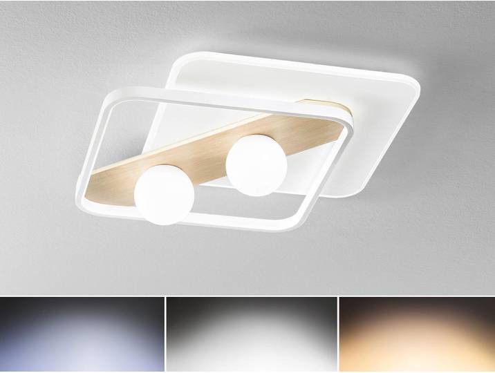 Moderne LED Deckenleuchte Weiß mit Holzoptik, Lichtfarbe einstellbar 50x40cm