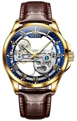 Everyday Crate OLEVS 6661 Automatic Mechanical Watch Mens Leather Dress Watch Waterproof Luminous Timepiece blue + Gold