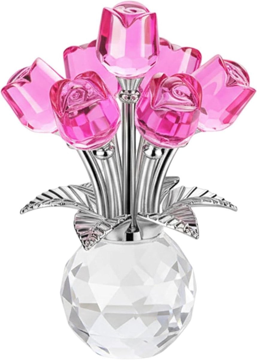 Kristallen roos ornament - Glazen bloem beeldje voor op tafel - Roze - 10 x 7 cm