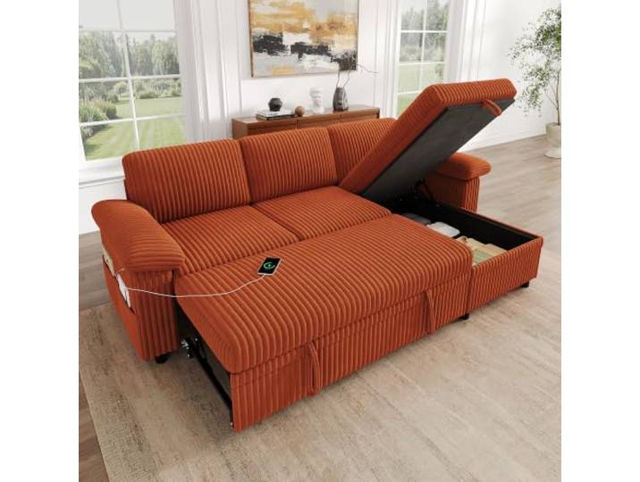 BTM L Sofa mit Schlaffunktion, Ausziehbare Bett & Stauraum Orange Cord Sofa, Wohnzimmer Schlafsofa