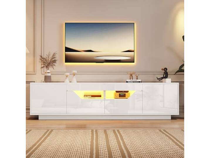 BTM 180x40x45cm Standfernsehschrank, Lowboard Mit 2 Schubladen und 2 Schränken,Hochglanz-TV-Schrank mit LED-Leuchten,TV-Board, Fernsehtisch,Geeignet für 75-Zoll-Fernseher,Weiß
