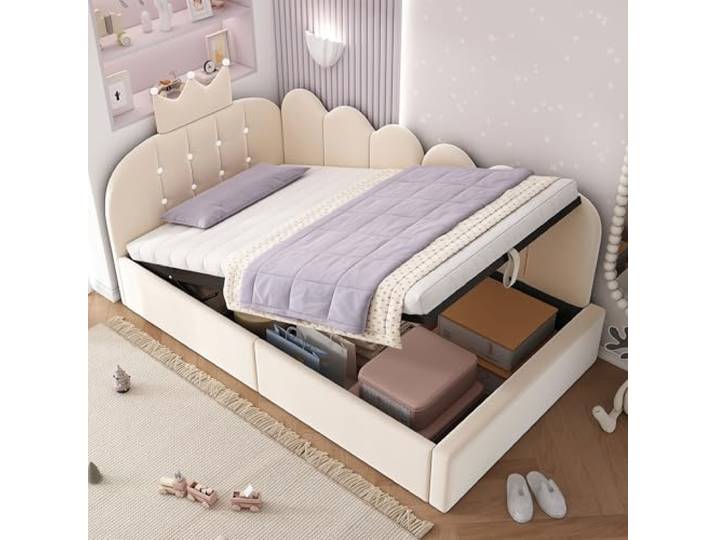Bellemave Schlafsofa mit Bettkasten 90x190, Samt-Polsterbett in Beige Polsterbett mit Krone-Gitter-Design, L-Form, platzsparend, für Kinder- und Gästezimmer, praktisches Gästebett, ohne Matratze