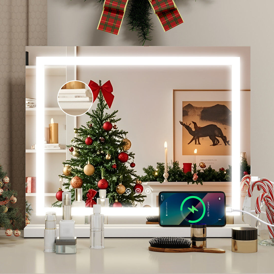 Metro Makeup Mirror with 3 Color Lights, Large Lighted Vanity Mirror with Light Strip and Charging White 40cm x 50cm