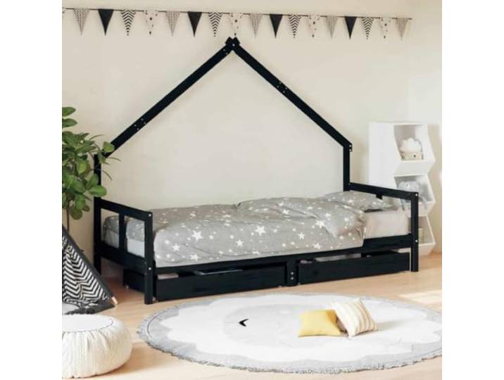 KGTKGTYER Kinderbett mit Schubladen Massivholz Kiefer 80x200 cm Schwarz Inklusive Aufbewahrung, Hausbett-Design, Stabile Holzlatten