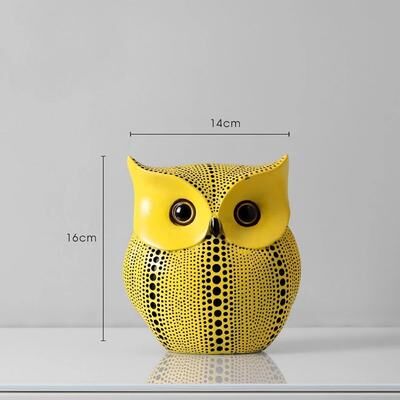 Uplift Essentials Yellow Wave Point Art Animal Figurines Funny Owl, Pumpkin & Bird Statues For Modern Home & Desktop Decor owl