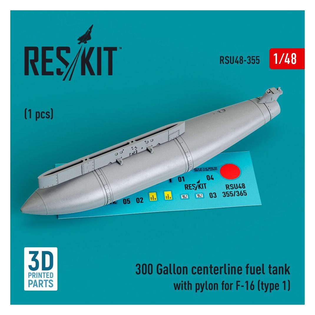 ResKit 300 Gallon centerline fuel tank with pylon for F-16 (A/B/C/D/E/F/I) (type 1) (1 pcs) (3D Printed) (RSU48-0355)