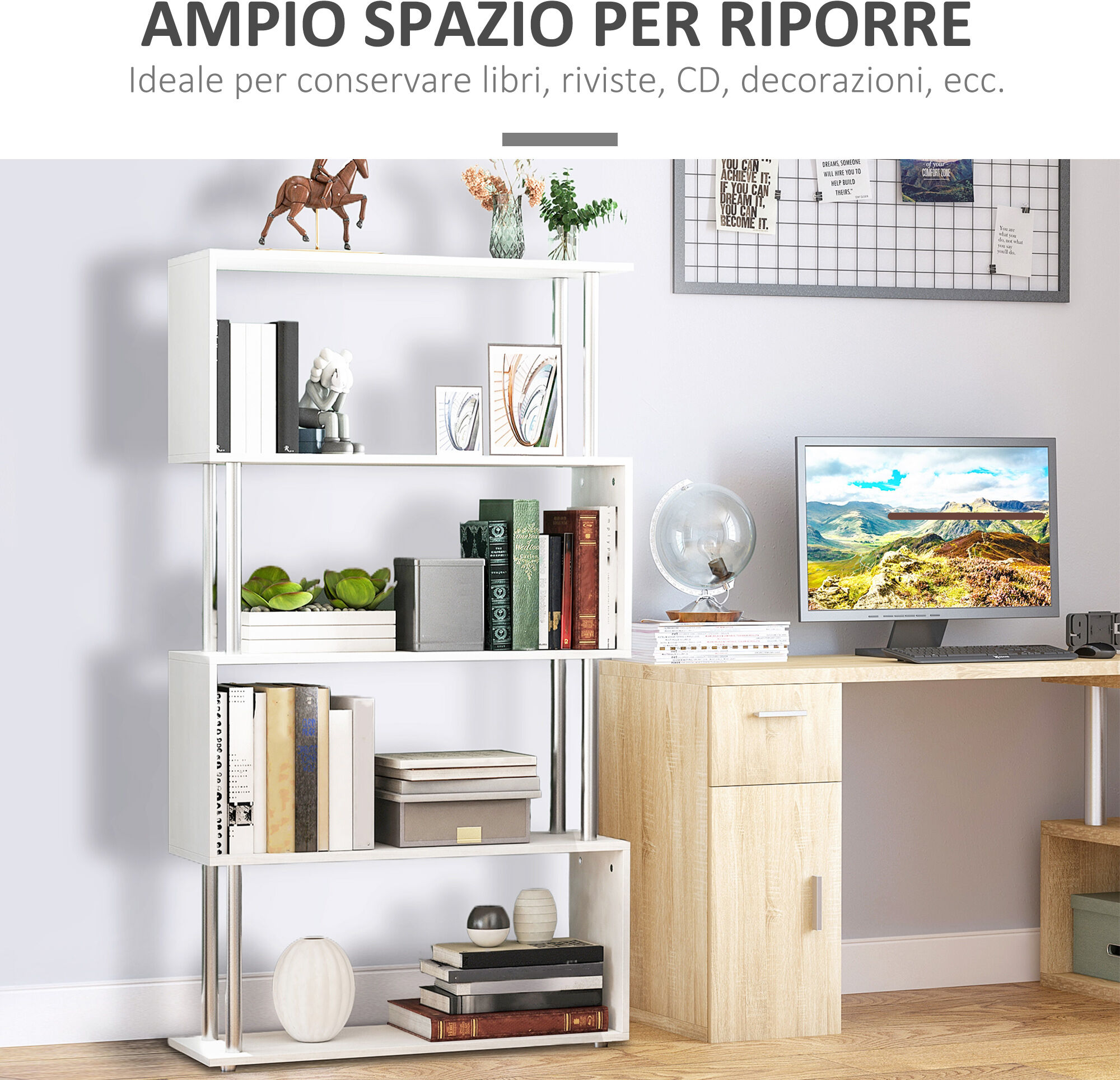 Altro Libreria A 4 Ripiani Design Moderno In Legno E Metallo, Libreria Scaffale Per Soggiorno, Studio, Ufficio, 80x30x145cm Bianca