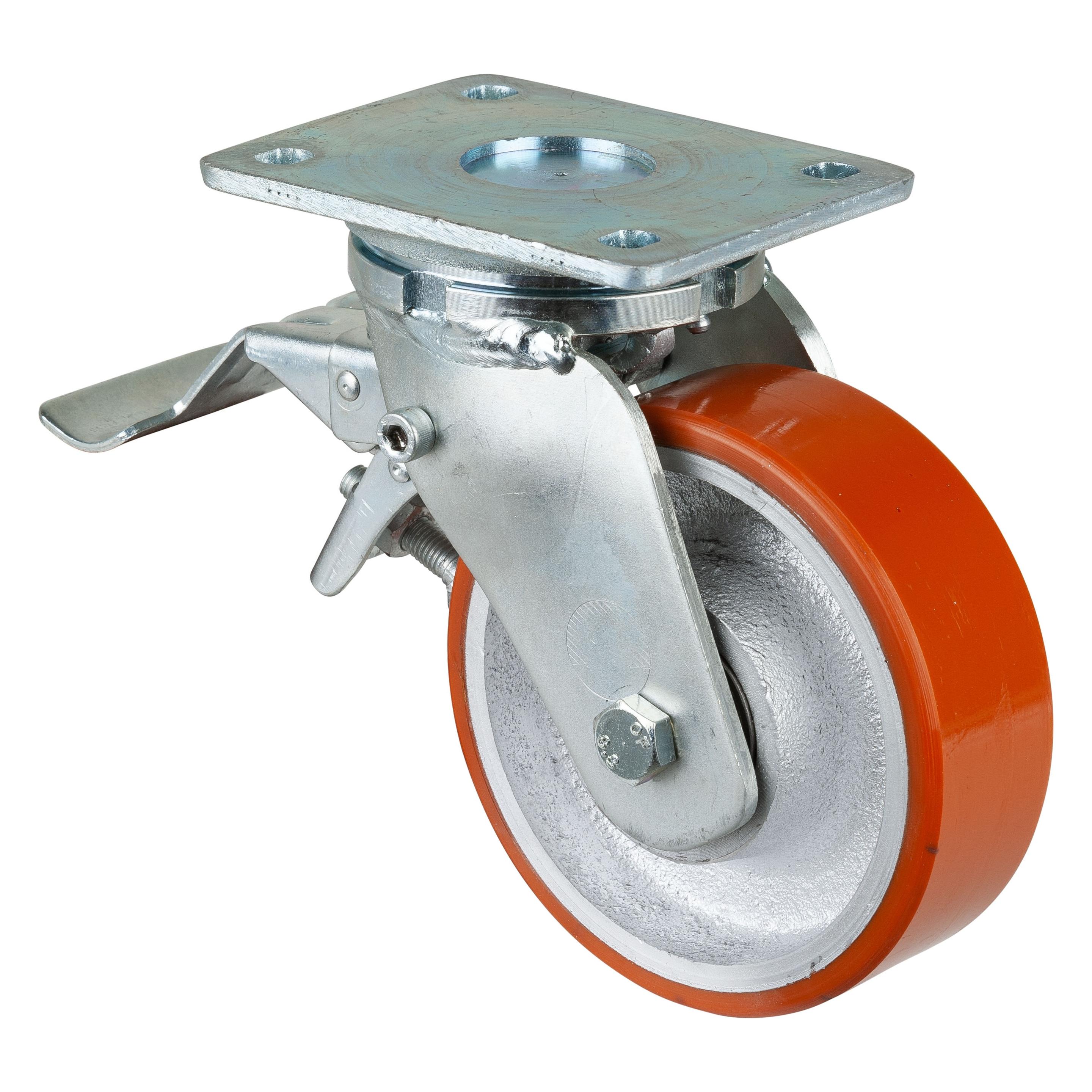 BS Rollen Schwerlastlenkrolle Rad-Ø 150 mm Tragfähigkeit 800 kg mit Feststeller Guss-Polyurethan 138x110mm (RR120.C10.150)