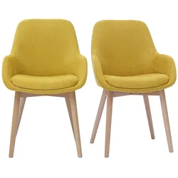 Skandinavische Sessel aus Stoff in senfgelbem Samtoptik und massivem hellem Holz (Set von 2) HOLO