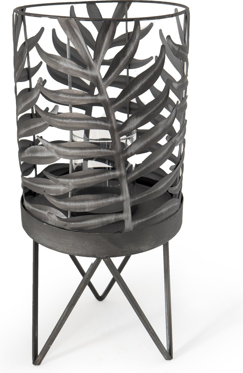 Home Society Windlicht met blad design - antracietgrijs metaal - Hoogte: 44 cm