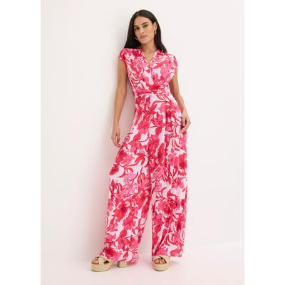 Jumpsuit BONPRIX, Damen, Gr. 40/42 (M), N-Gr, rot (pink floral), Obermaterial: 95% Polyester, 5% Elasthan, loose fit, Overalls Jumpsuit, floral bedruckt, weites Bein, mit Drapierung in der Taille, ärmellos