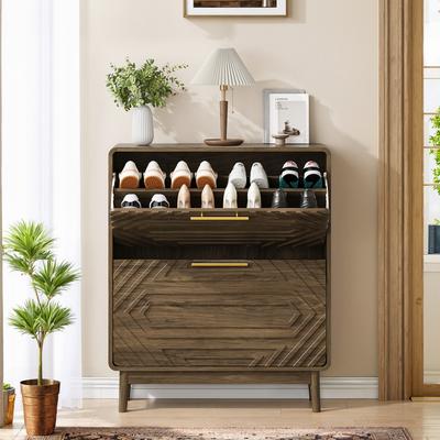 DEVERA "31.5"" Walnut Mid-Century Modern Freestanding Shoe Cabinet"