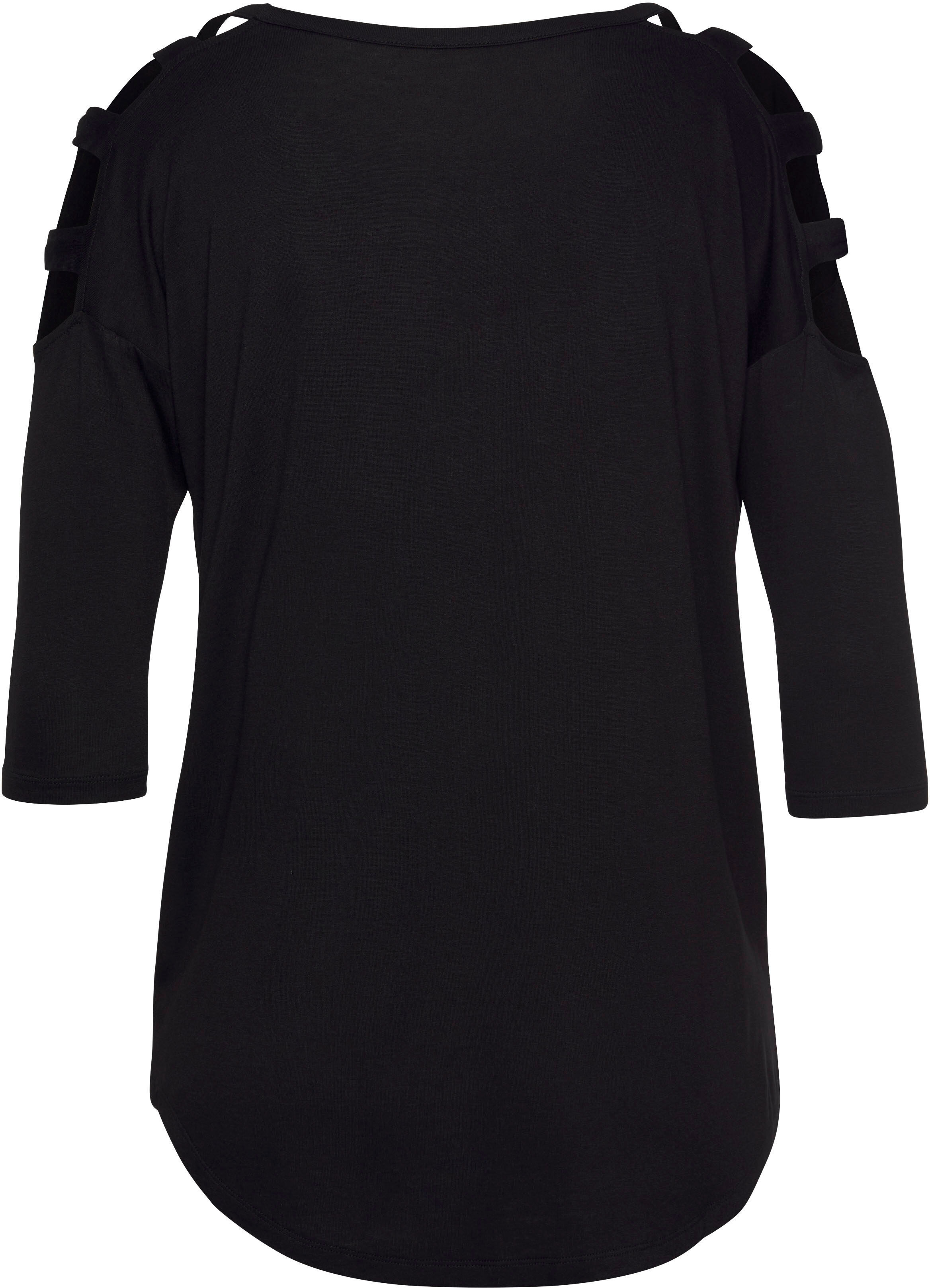 3/4-Arm-Shirt LASCANA, Damen, Gr. 40/42, schwarz, Jersey, Obermaterial: 95% Viskose, 5% Elasthan, unifarben, figurumspielend hüftlang, V-Ausschnitt, mit Cut Outs, Shirts 3/4-Arm-Shirt, mit Cut-outs, raffiniertes Longsleeve, schulterfrei schwarz 40/42
