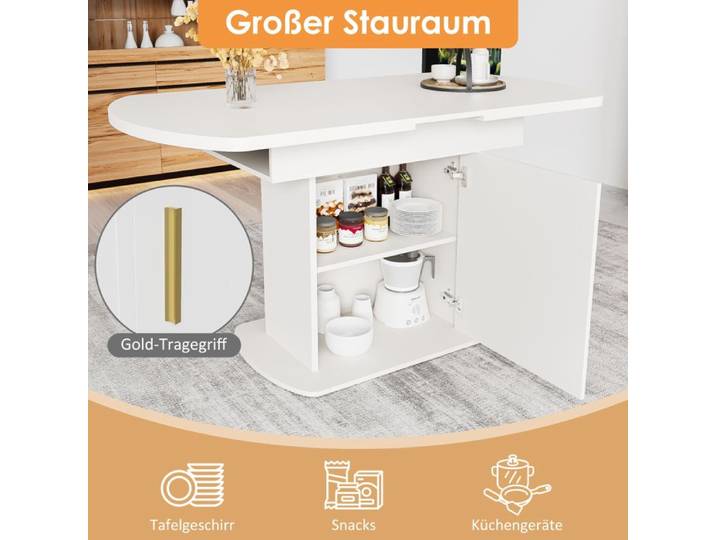 Table à manger ovale extensible Poignée blanche et dorée Avec espace de rangement Table à café libre /130*W70*H75cm