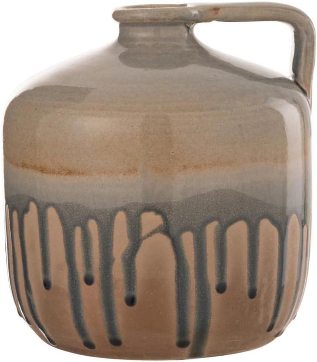 Keramische Kruik Decoratieve Vaas met Handvat - Beige Grijs - Hoogte: 21 cm