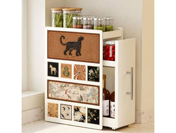 JS Space Schmaler Küchenschrank, Ausziehbarer Küchenorganizer mit Rollen Platzsparendes Regal für Gewürze, Flaschen, Gläser und Vorräte(white)