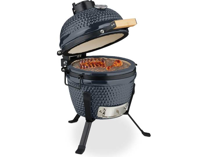 Relaxdays Kamado Grill, ø 32 cm, Keramikgrill mit Thermometer bis 450°C, BBQ, Grillen, Kochen & Backen, Smoker, grau