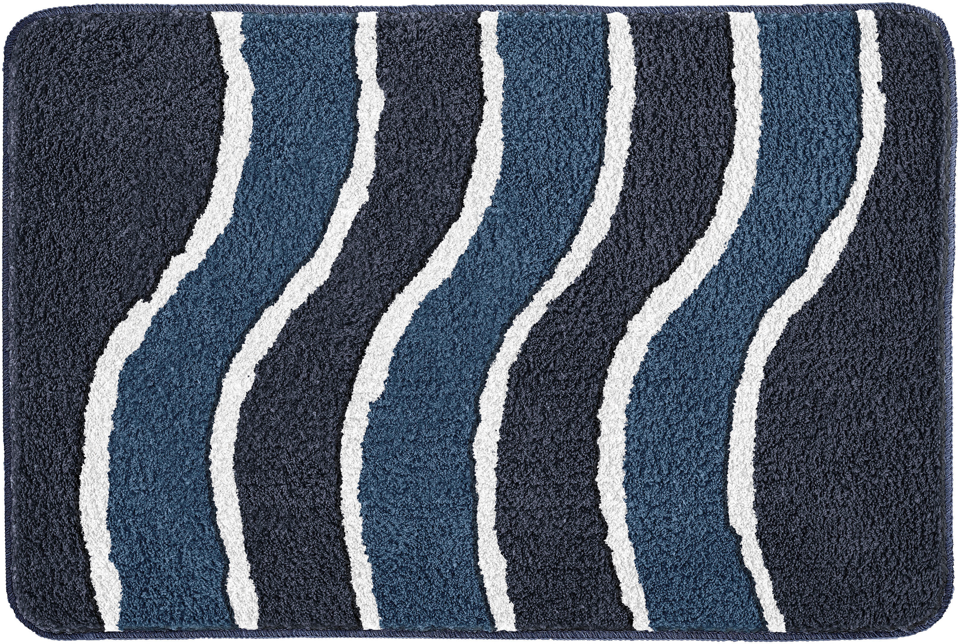 Badematte MEUSCH "Lara", blau (navy), H:20mm, Polyester, Badematten, Badematte, Wellen-Design mit flauschigen weißen Akzenten