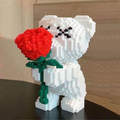 JoyToys Cute Pink Flower Teddy Bear Building Blocks DIY Building Block Toy For Kids And Desk Decor white